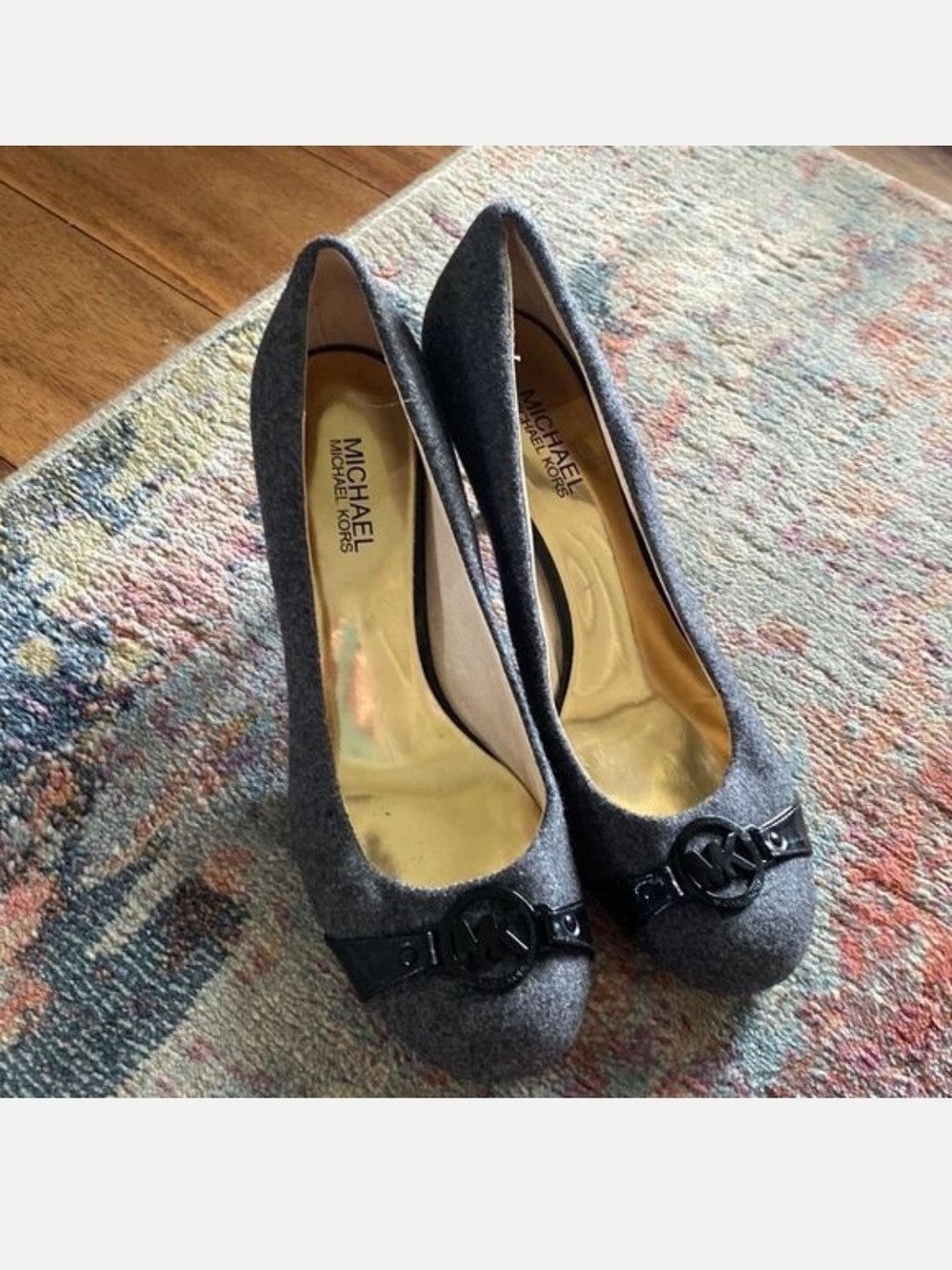 MICHAEL Michael Kors Gray Felt Logo Pump Heels with Black MK Accent